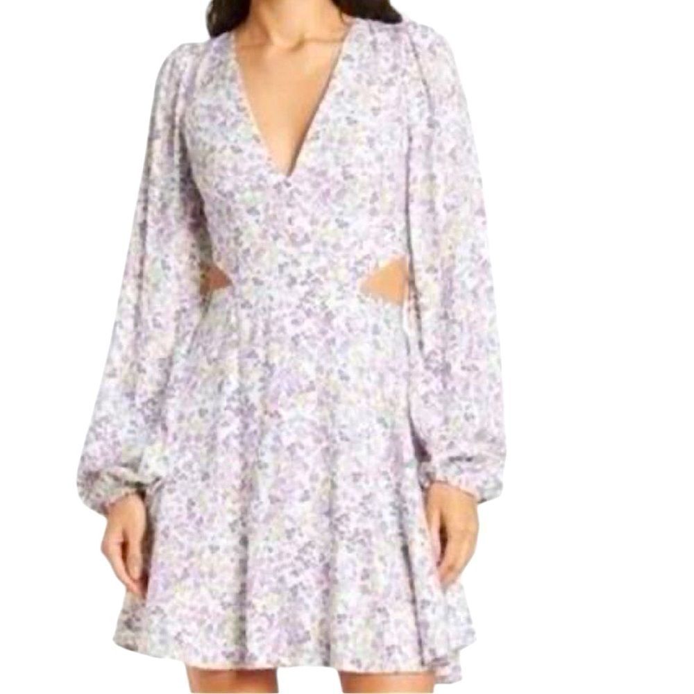 AFRM Lavender Floral Long Sleeve Cutout Skater Dress